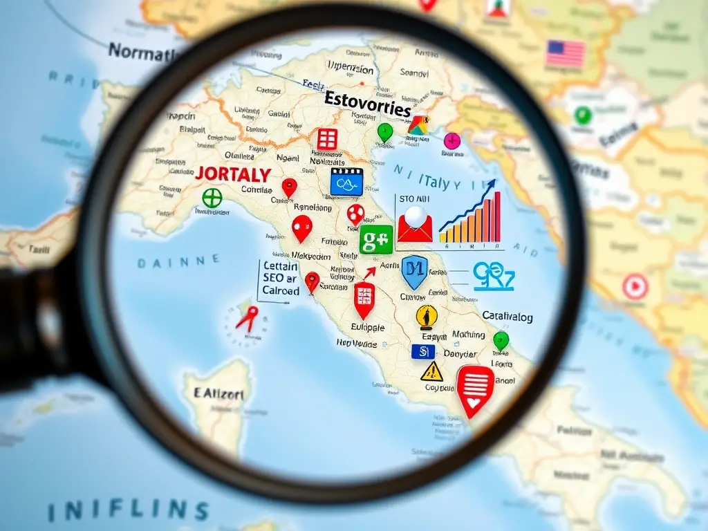 A graphic showing a magnifying glass over a map of Italy, highlighting geo-targeting for local SEO, with various data points and charts in the background.