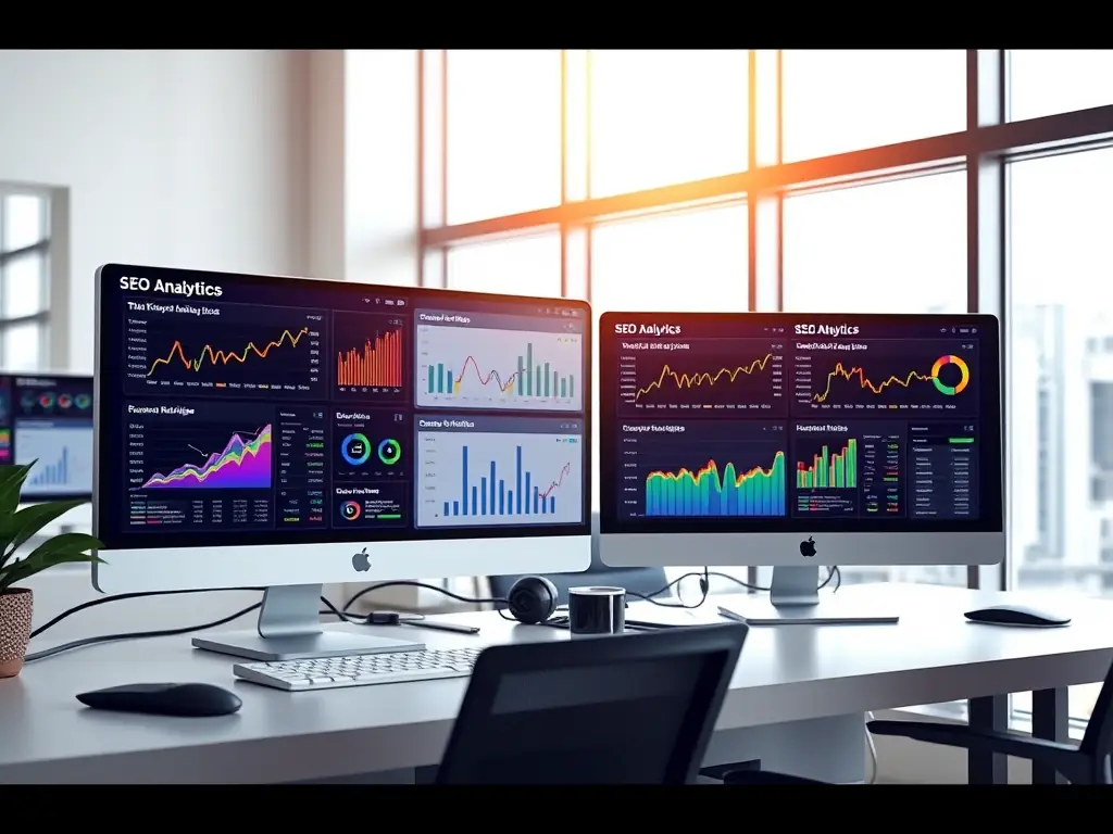 An image of a computer screen displaying various SEO analytics tools and reports, showcasing data-driven insights and performance tracking.